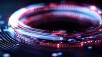 Glowing fiber optic cable with pink and blue neon lights creating futuristic circular pattern against dark background, modern technology concept.