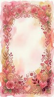 Romantic floral frame with hearts and roses in pink and gold watercolor tones, isolated on white background, ready for wedding invitations, greeting cards, and design projects.