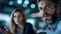 Mature bearded businessman with salt and pepper hair in discussion during corporate meeting, female colleague blurred in background, professional office setting.