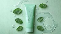 Mint green cosmetic tube with fresh mint leaves and water drops on light green background, natural skincare concept for beauty and wellness products.