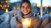 Young woman wrapped in cozy knit sweater holding glowing candle at dusk, with soft bokeh lights in background creating warm atmospheric mood.