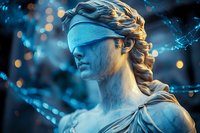 Marble statue of blindfolded justice goddess illuminated by blue light against dark background with glowing bokeh and digital network elements. Conceptual legal theme.