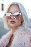 Young Asian woman with platinum blonde hair wearing aviator sunglasses and pink faux fur coat, close up portrait with soft natural lighting and blurred background.
