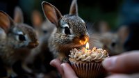 Adorable bunny rabbit sniffing birthday cupcake with lit candle, close-up portrait against dark background showing curious expression and whiskers.
