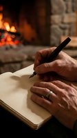 Senior man writing in notebook by warm fireplace creating cozy atmosphere for journaling, storytelling or memoir writing at home.