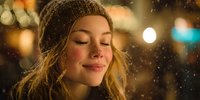 Young woman with closed eyes enjoying snowfall at night, wearing knit beanie with golden hair visible, illuminated by warm bokeh city lights.