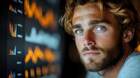 Young Caucasian male with blue eyes and blonde beard looking at financial charts and market data visualization on dark background with orange glowing graphs.