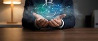 Businessman hands presenting holographic digital interface with glowing circuits and data visualization for modern technology and innovation concepts.