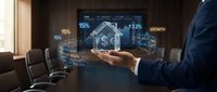 Businessman presenting holographic real estate analytics with growth charts and property data in modern conference room for investment analysis.
