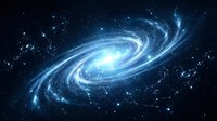 Spiral galaxy with glowing blue core and swirling arms against dark starfield, depicting cosmic space and celestial astronomy for science and educational use.