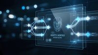 Futuristic biometric facial recognition system with glowing interface displaying identity verification technology on dark blue digital background.