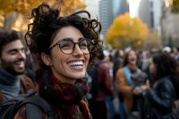 Young Hispanic woman with curly hair and glasses wearing autumn scarf laughs joyfully in crowded city park with fall foliage and urban buildings in background.