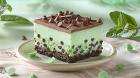 Mint chocolate chip layered dessert with chocolate curls on cream plate, garnished with fresh mint leaves and chocolate chips against pastel background.