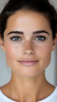 Close-up portrait of young woman with natural freckles, blue eyes, and minimal makeup showing genuine smile against light background. For beauty and skincare.