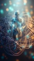 Digital human silhouette with glowing particles surrounded by wireframe spheres and flowing light trails on bokeh background for tech presentations.