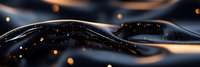 Flowing dark waves with glowing orange particles create abstract luxury background pattern. Dynamic black liquid surface with bokeh light effects and sparkles.