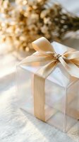 Elegant transparent gift box with golden ribbon bow on festive background with warm bokeh lights for holiday celebrations and special occasions.