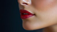 Close up of feminine lips with bright red lipstick on smooth skin against dark background, showing sensual smile and flawless makeup application.