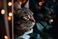 Tabby cat with striking amber eyes gazing thoughtfully amid warm bokeh lights and green foliage creating cozy atmospheric pet portrait for holiday decor.