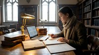 Woman in brown cardigan studying at wooden desk in library with laptop, notebooks, and brass lamp, surrounded by bookshelves and gothic windows.