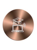 Online education icon with graduation cap and laptop on copper metallic circle background for digital learning platforms and educational technology applications.