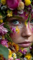 Close-up portrait with vibrant flowers and colorful pigments adorning face, creating ethereal spring-inspired makeup look for fashion editorial or beauty concept.