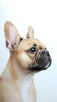 Fawn French Bulldog portrait with expressive blue eyes and distinctive bat ears on white background, artistic style rendering suitable for pet-themed designs.