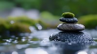 Zen stone stack balanced on wet rock surface with water droplets and flowing stream in peaceful natural garden setting for meditation and wellness concepts.