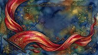 Ornate red ribbon frame with gold accents on dark blue and gold watercolor background, featuring decorative flourishes and botanical elements, suitable for invitations and design projects.