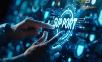Digital customer support concept with glowing blue interface and hands reaching towards virtual support button, perfect for business technology presentations.