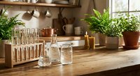 Rustic kitchen counter with glass jars, wooden test tubes, potted ferns and herbs creating cozy farmhouse cooking workspace for natural home decor.