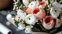 Fresh spring bouquet featuring coral pink roses and white ranunculus blooms with delicate green foliage and tiny blossoms, creating soft romantic floral arrangement.