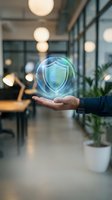Hand holding glowing shield icon in modern office environment, representing cybersecurity, data protection, and digital safety solutions for business applications.