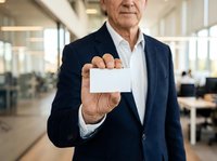 Senior Caucasian male executive in dark blazer and white shirt holding blank business card in modern office environment for corporate branding and professional networking.