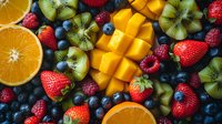 Fresh tropical fruits and berries arranged in vibrant composition with sliced orange, mango cubes, kiwi, strawberries, blueberries and raspberries, perfect for healthy eating lifestyle promotion.