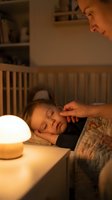 Loving father gently stroking sleeping baby's head in warm nursery with soft night light creating peaceful bedtime atmosphere for parenting content.