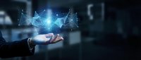Businessman hand holding glowing digital network connection with blue light nodes and lines, representing data transfer, technology innovation, and global communication for business solutions.