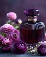 Elegant purple perfume bottle with ornate cap surrounded by fresh pink ranunculus flowers on dark background for luxury beauty and fragrance concepts.