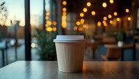 Paper coffee cup on wooden table against blurred cafe interior with warm bokeh lights and window view, creating cozy evening atmosphere.