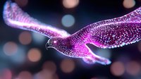 Glowing eagle silhouette with spread wings created from purple and pink luminous particles against dark background with bokeh lights. For technology designs.