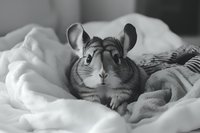 Adorable chinchilla resting on soft blankets in black and white monochrome photo, close up portrait of small pet with big ears and expressive eyes looking at camera.