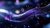 Glowing purple wave of particles flowing on dark background with bokeh light effects and sparkling dots creating magical atmosphere.