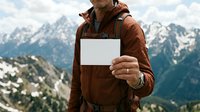 Male hiker in brown jacket holding blank card against mountain landscape. Outdoor adventure, travel, and tourism concept for branding and marketing campaigns.