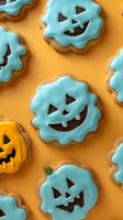 Halloween pumpkin cookies with blue and orange icing on bright background. Festive autumn treats for party celebrations and seasonal baking projects.