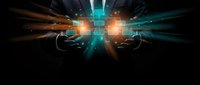 Hands holding glowing digital cubes with light rays and particles on dark background for technology and innovation concepts in business presentations.