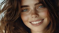 Young Caucasian woman with freckles, bright blue eyes and natural wavy brown hair smiling genuinely at camera. Close-up portrait showing white teeth and fresh glowing skin.