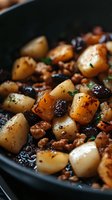 Roasted potatoes with walnuts and dried fruits in cast iron pan, seasoned with herbs and spices, close-up view of rustic homestyle cooking.