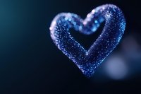 Sparkling blue heart shape with glitter effect against dark background creates romantic mood, soft bokeh lights add dreamy atmosphere. Suitable for Valentine designs.
