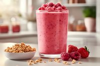 Fresh raspberry smoothie topped with whole berries in tall glass, served with granola on white table. Bright kitchen background with natural light.