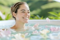Young Caucasian woman relaxing in outdoor spa bath with rose petals floating on water, expressing joy and serenity during wellness treatment at luxury resort.